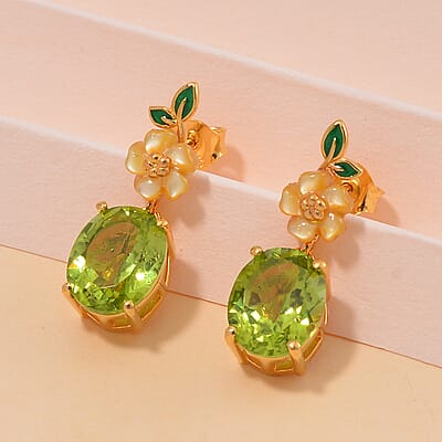 Peridot and Yellow Mother of Pearl Carved Enameled Floral Earrings in 18K Vermeil Yellow Gold Over Sterling Silver 5.75 ctw