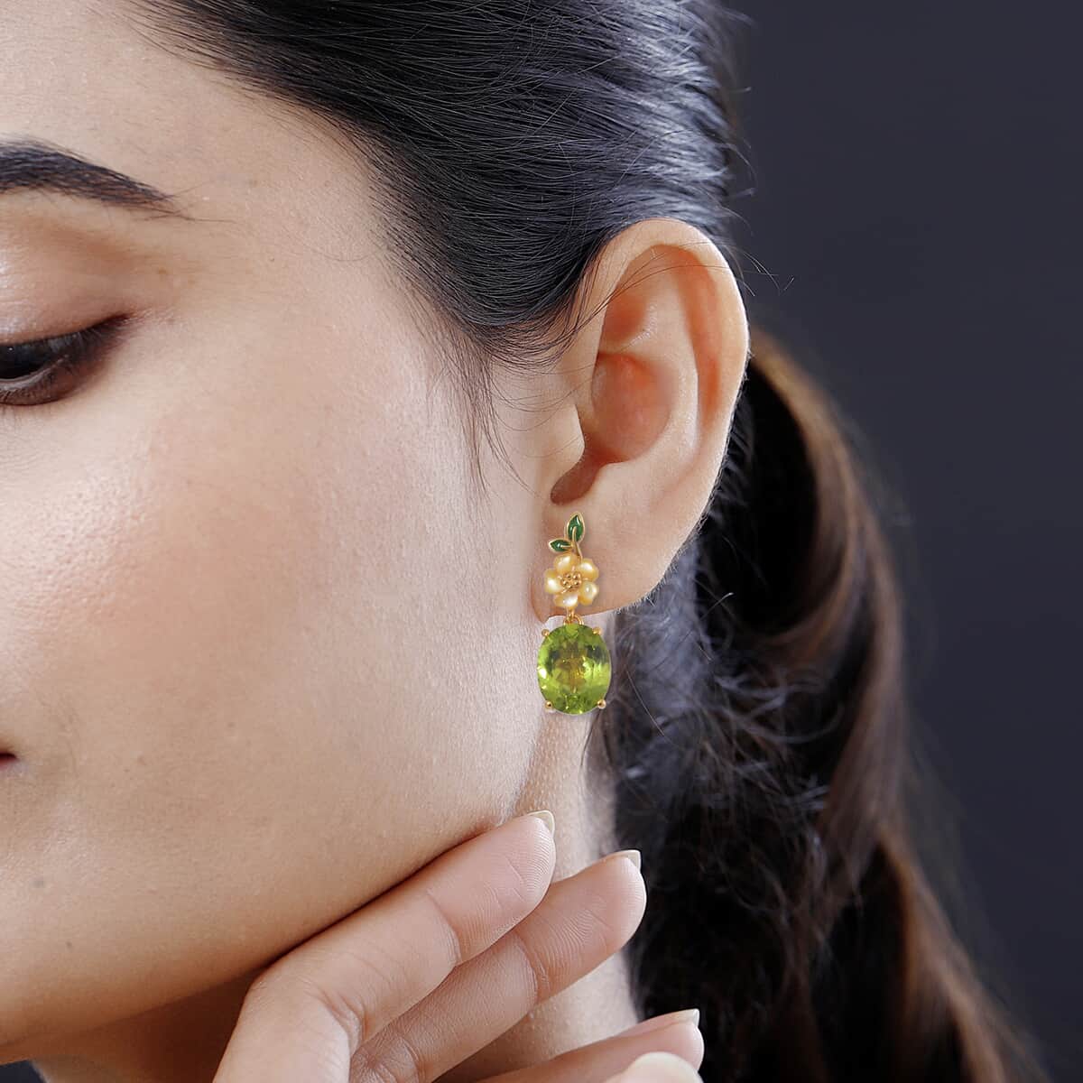 Peridot and Yellow Mother of Pearl Carved Enameled Floral Earrings in 18K Vermeil Yellow Gold Over Sterling Silver 5.75 ctw image number 2