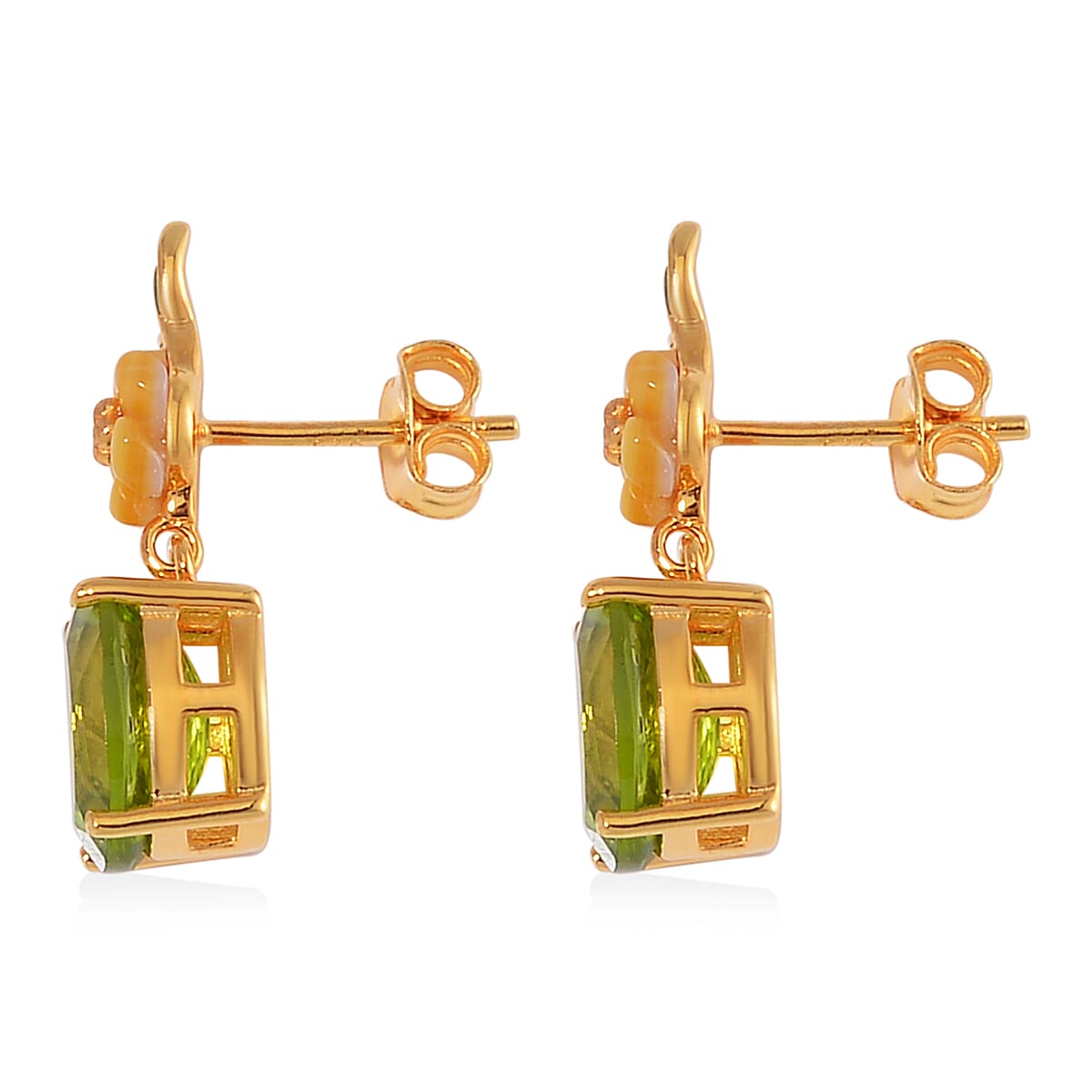 Peridot and Yellow Mother of Pearl Carved Enameled Floral Earrings in 18K Vermeil Yellow Gold Over Sterling Silver 5.75 ctw