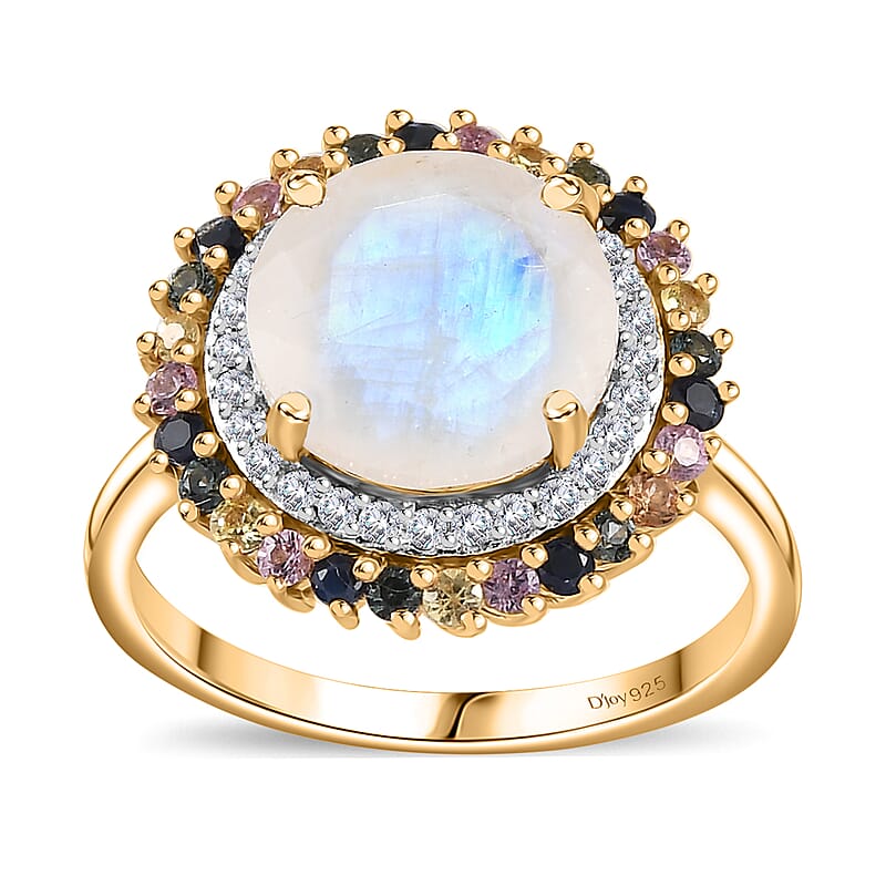 Moon Glow Moonstone and Multi Gemstone Double Halo Ring in 18K Vermeil Yellow Gold Over Sterling Silver (Size 10.0) 4.50 ctw