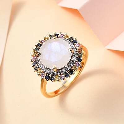 Moon Glow Moonstone and Multi Gemstone Double Halo Ring in 18K Vermeil Yellow Gold Over Sterling Silver (Size 10.0) 4.50 ctw