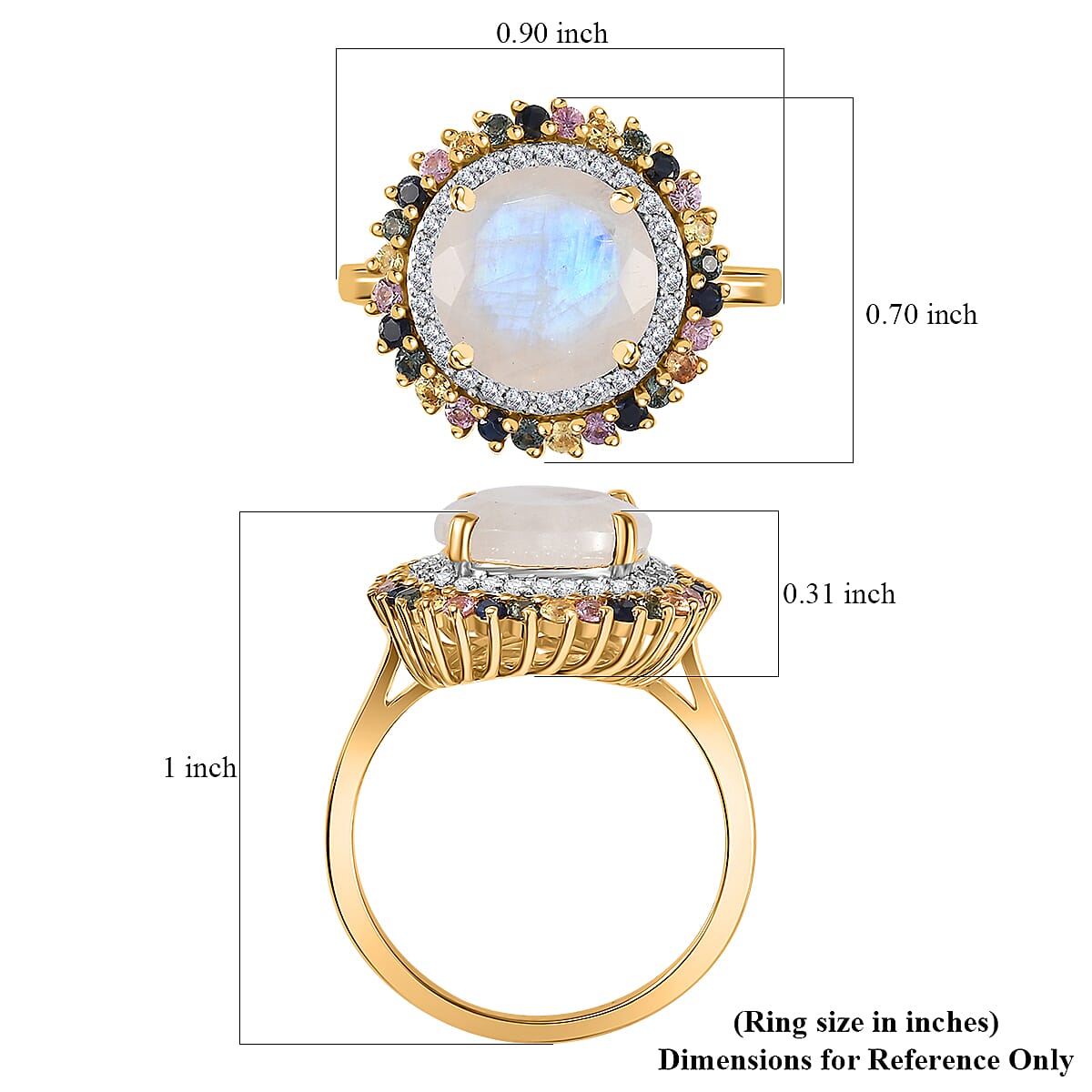 Moon Glow Moonstone and Multi Gemstone Double Halo Ring in 18K Vermeil Yellow Gold Over Sterling Silver (Size 10.0) 4.50 ctw