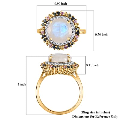 Moon Glow Moonstone and Multi Gemstone Double Halo Ring in 18K Vermeil Yellow Gold Over Sterling Silver (Size 10.0) 4.50 ctw