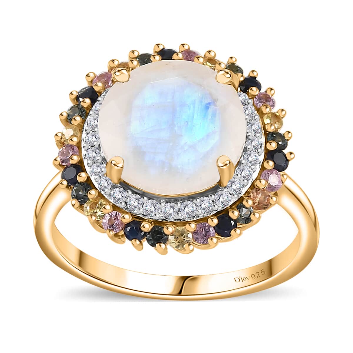 Moon Glow Moonstone and Multi Gemstone Double Halo Rainbow Ring in 18K Vermeil Yellow Gold Over Sterling Silver (Size 7.0) 4.50 ctw image number 0