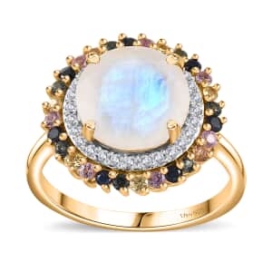Moon Glow Moonstone and Multi Gemstone Double Halo Rainbow Ring in 18K Vermeil Yellow Gold Over Sterling Silver (Size 7.0) 4.50 ctw
