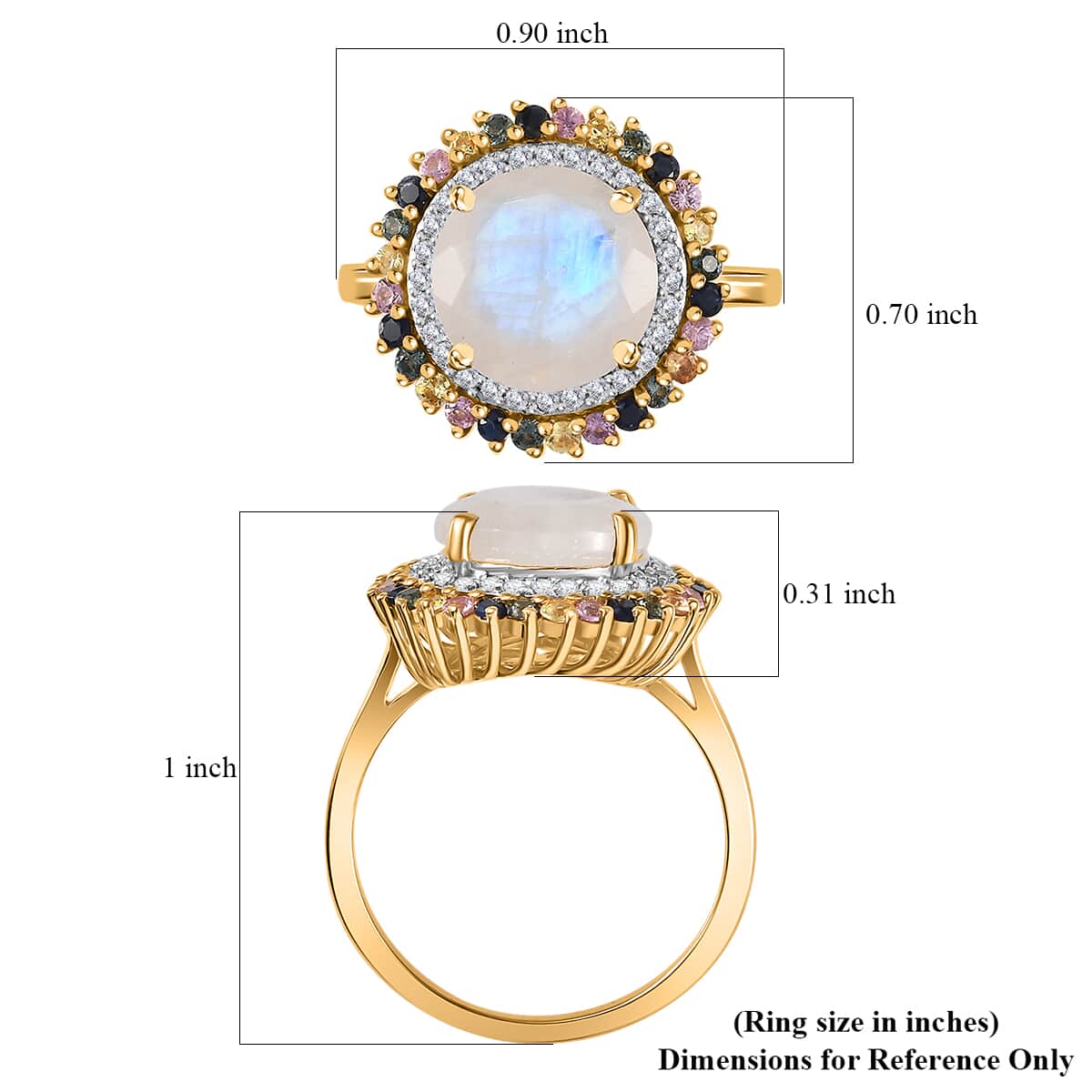 Moon Glow Moonstone and Multi Gemstone Double Halo Rainbow Ring in 18K Vermeil Yellow Gold Over Sterling Silver (Size 7.0) 4.50 ctw image number 4