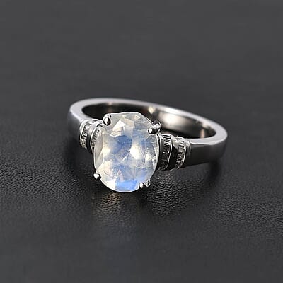 Luxoro AAAA Moon Glow Moonstone and G-H I2 Diamond 2.50 ctw Ring in 10K White Gold (Size 7.0)