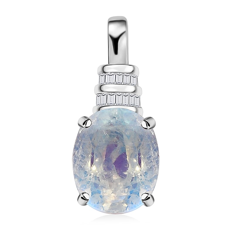 Luxoro 10K White Gold AAAA Moon Glow Moonstone and G-H I2 Diamond Pendant 2.35 ctw