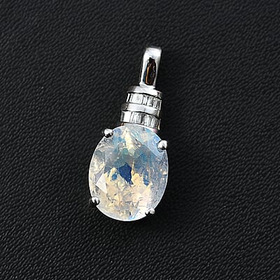 Luxoro 10K White Gold AAAA Moon Glow Moonstone and G-H I2 Diamond Pendant 2.35 ctw