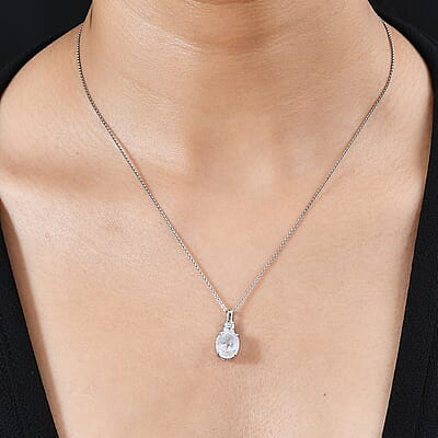Luxoro 10K White Gold AAAA Moon Glow Moonstone and G-H I2 Diamond Pendant 2.35 ctw