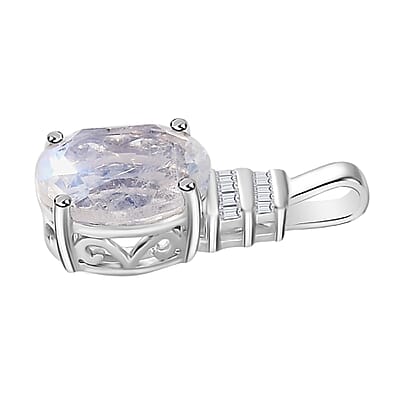Luxoro 10K White Gold AAAA Moon Glow Moonstone and G-H I2 Diamond Pendant 2.35 ctw