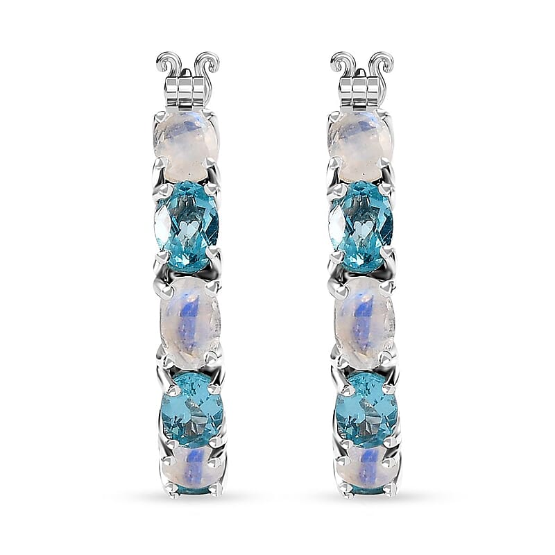 Moon Glow Moonstone and Betroka Blue Apatite Hoop Earrings in Rhodium Over Sterling Silver 5.40 ctw