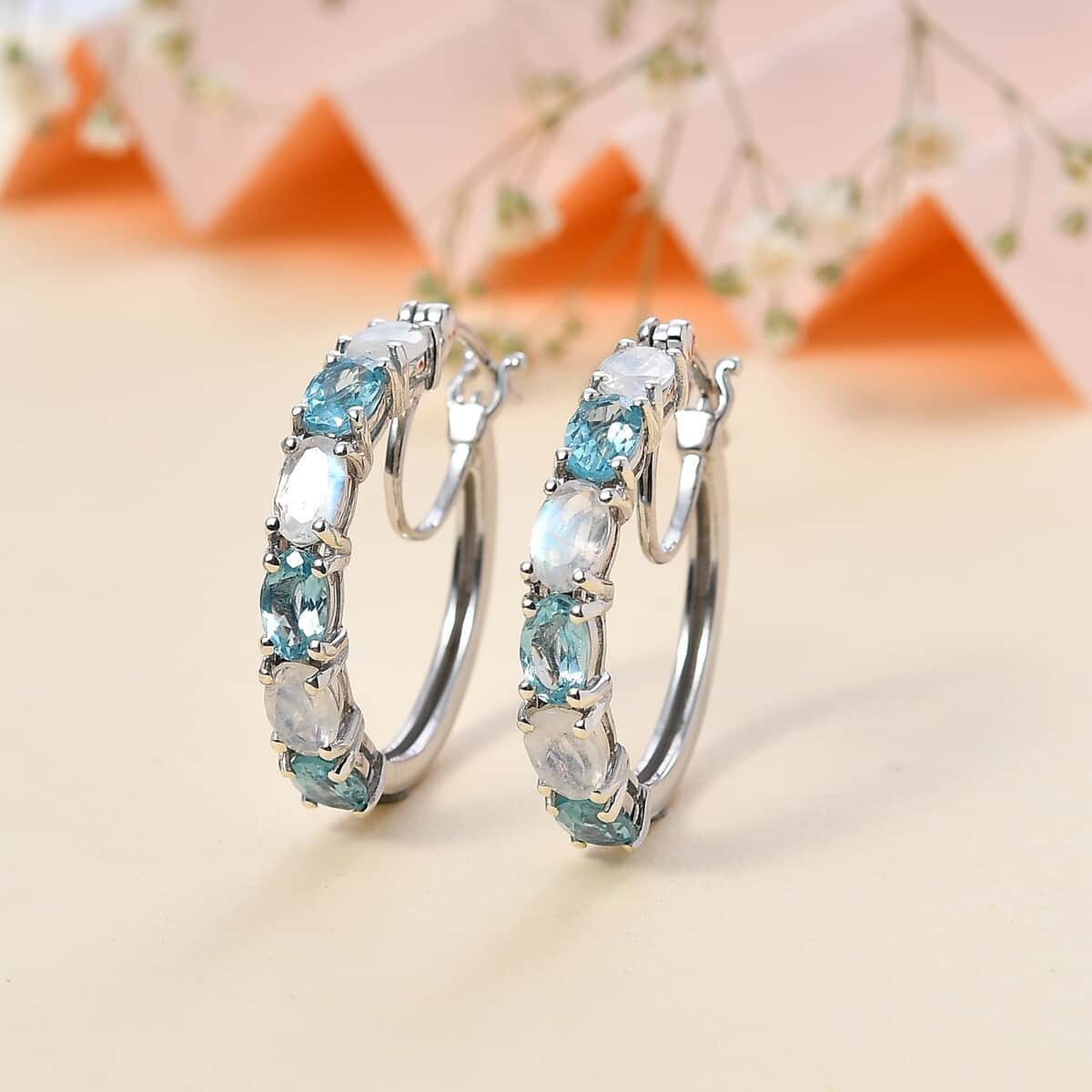 Moon Glow Moonstone and Betroka Blue Apatite Hoop Earrings in Rhodium Over Sterling Silver 5.40 ctw image number 1