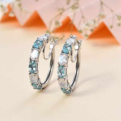 Moon Glow Moonstone and Betroka Blue Apatite Hoop Earrings in Rhodium Over Sterling Silver 5.40 ctw