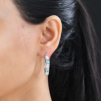 Moon Glow Moonstone and Betroka Blue Apatite Hoop Earrings in Rhodium Over Sterling Silver 5.40 ctw