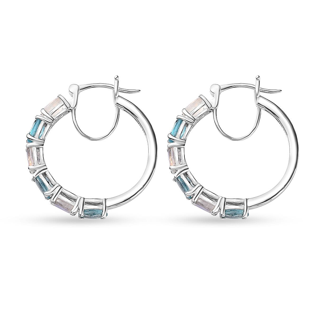 Moon Glow Moonstone and Betroka Blue Apatite Hoop Earrings in Rhodium Over Sterling Silver 5.40 ctw