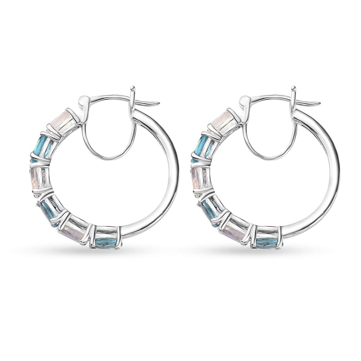 Moon Glow Moonstone and Betroka Blue Apatite Hoop Earrings in Rhodium Over Sterling Silver 5.40 ctw image number 3