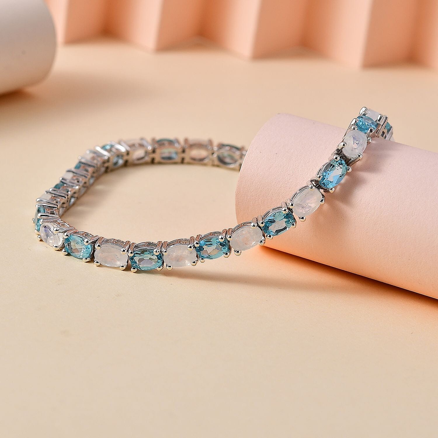Moon Glow Moonstone and Betroka Blue Apatite Bracelet in Rhodium Over Sterling Silver (6.50 In) 11.30 ctw