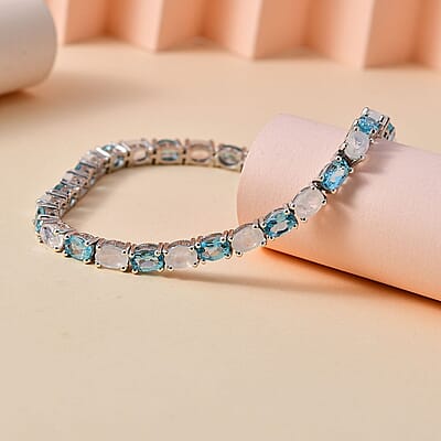 Moon Glow Moonstone and Betroka Blue Apatite Bracelet in Rhodium Over Sterling Silver (6.50 In) 11.30 ctw