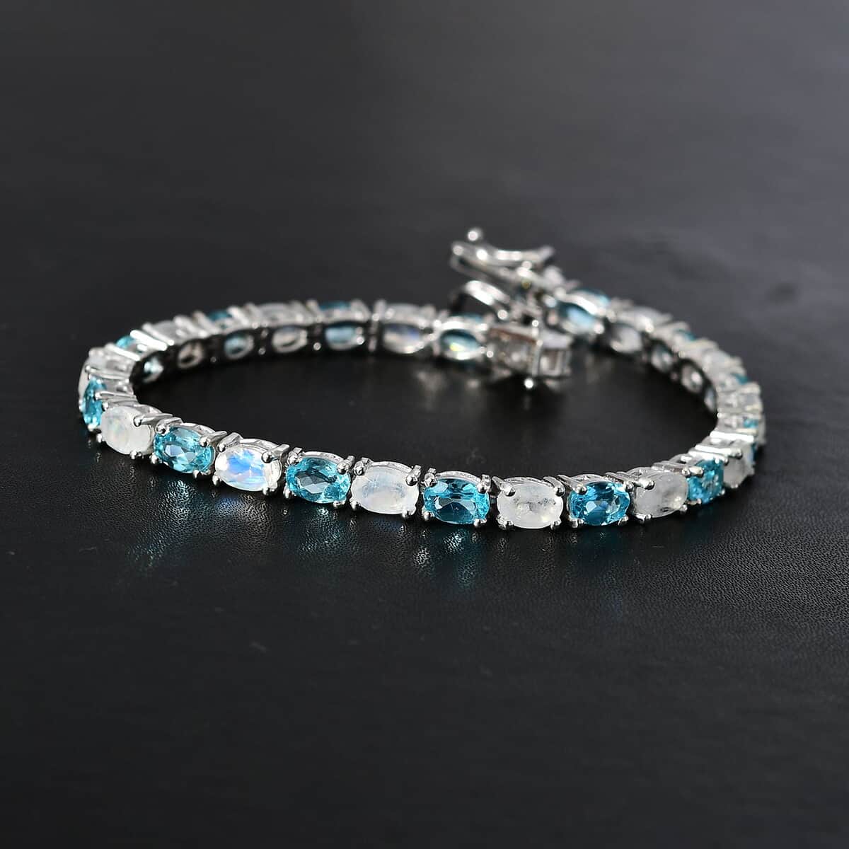 Moon Glow Moonstone and Betroka Blue Apatite Bracelet in Rhodium Over Sterling Silver (6.50 In) 11.30 ctw image number 2