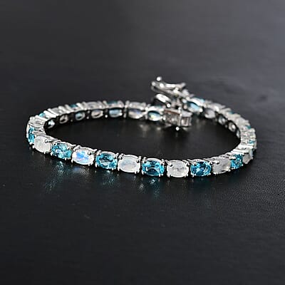 Moon Glow Moonstone and Betroka Blue Apatite Bracelet in Rhodium Over Sterling Silver (6.50 In) 11.30 ctw