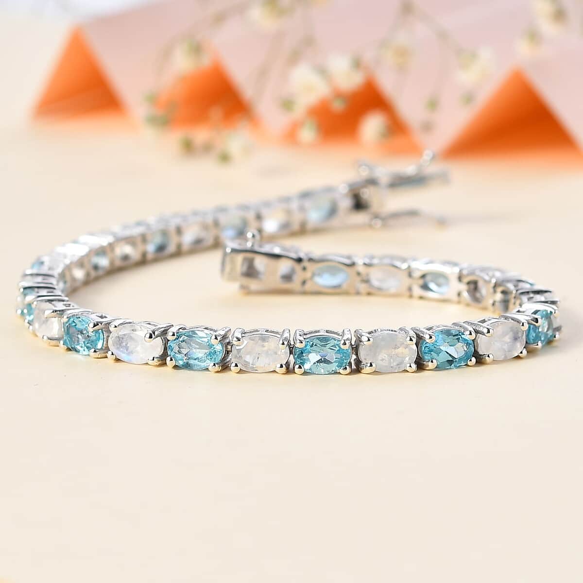 Moon Glow Moonstone and Betroka Blue Apatite Tennis Bracelet in Rhodium Over Sterling Silver (7.25 In) 13.30 ctw image number 1