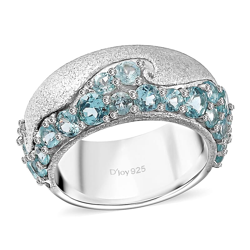 Betroka Blue Apatite and White Zircon Ocean Wave Ring in Rhodium Over Sterling Silver (Size 10.0) 2.30 ctw