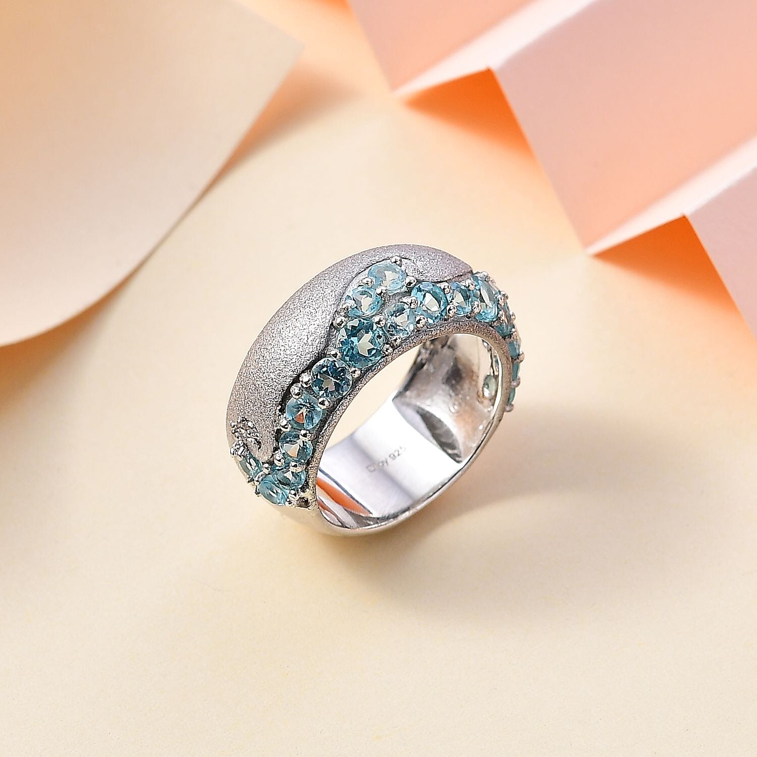Betroka Blue Apatite and White Zircon Ocean Wave Ring in Rhodium Over Sterling Silver (Size 10.0) 2.30 ctw
