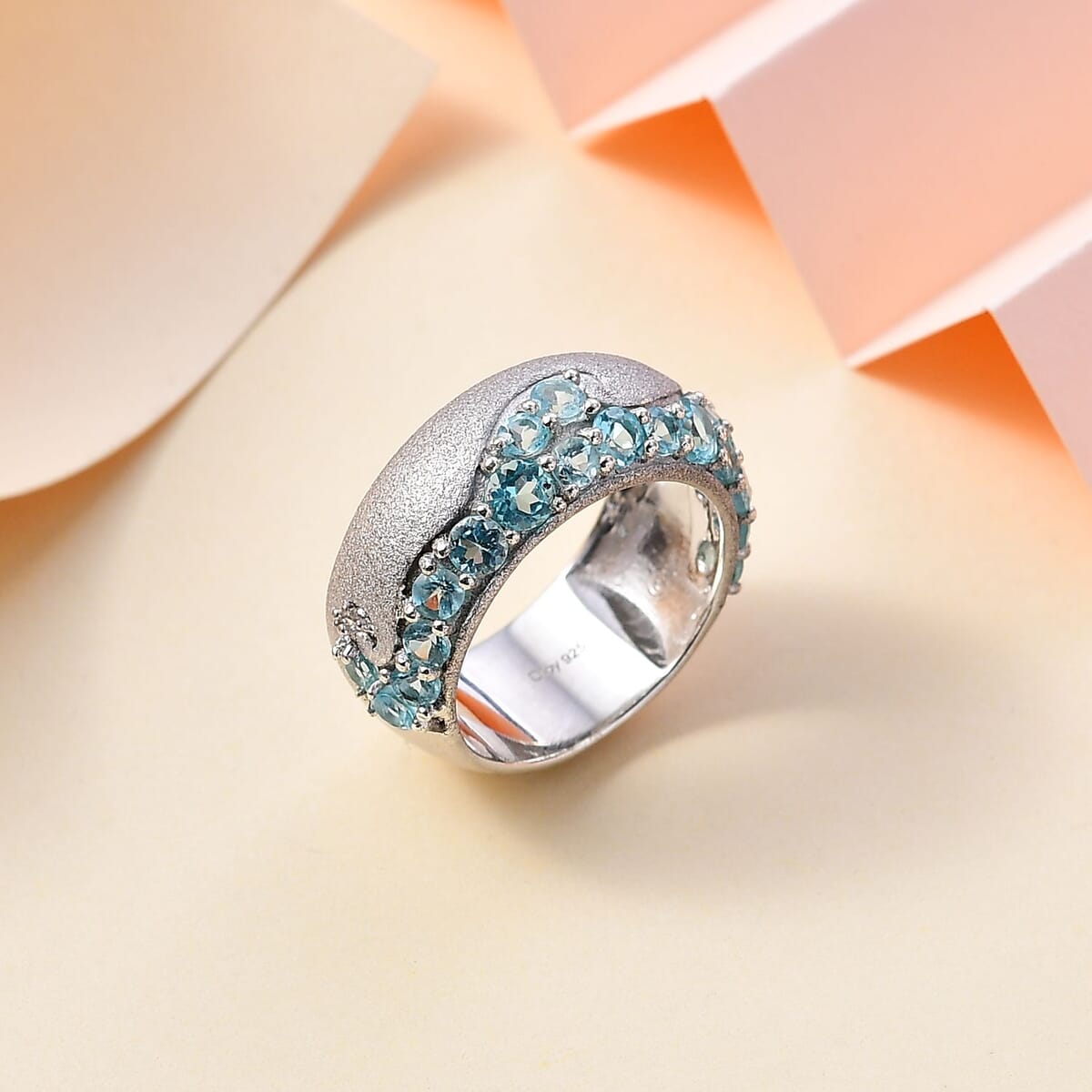 Betroka Blue Apatite and White Zircon Ocean Wave Ring in Rhodium Over Sterling Silver (Size 10.0) 2.30 ctw image number 1