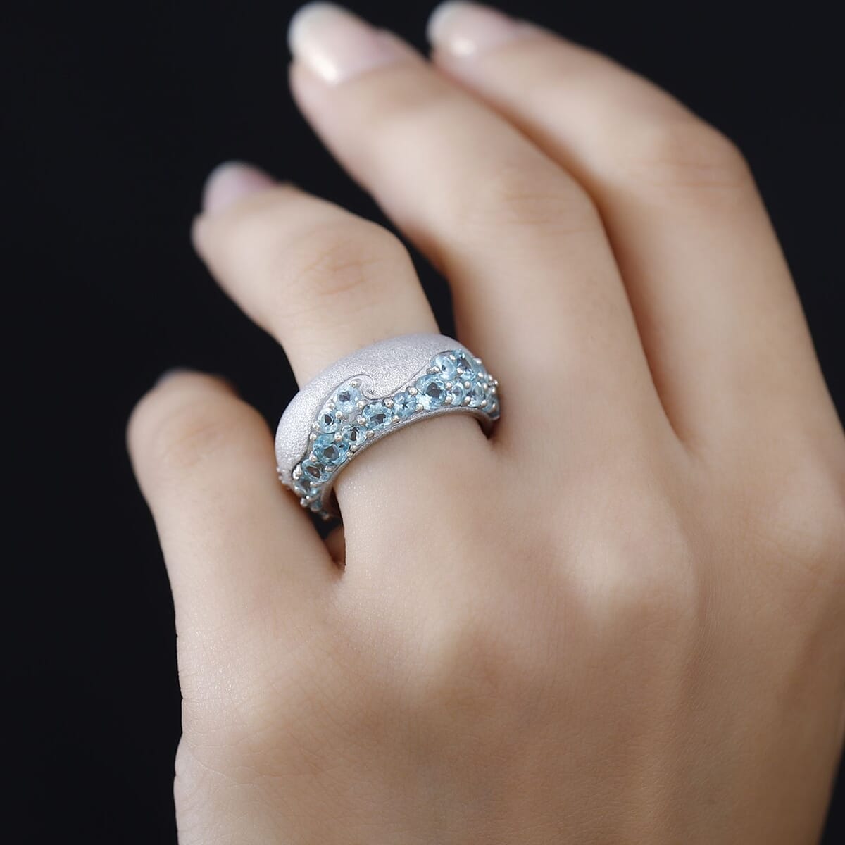 Betroka Blue Apatite and White Zircon Ocean Wave Ring in Rhodium Over Sterling Silver (Size 10.0) 2.30 ctw image number 2