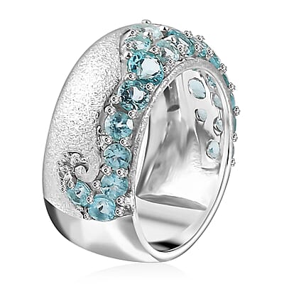 Betroka Blue Apatite and White Zircon Ocean Wave Ring in Rhodium Over Sterling Silver (Size 10.0) 2.30 ctw