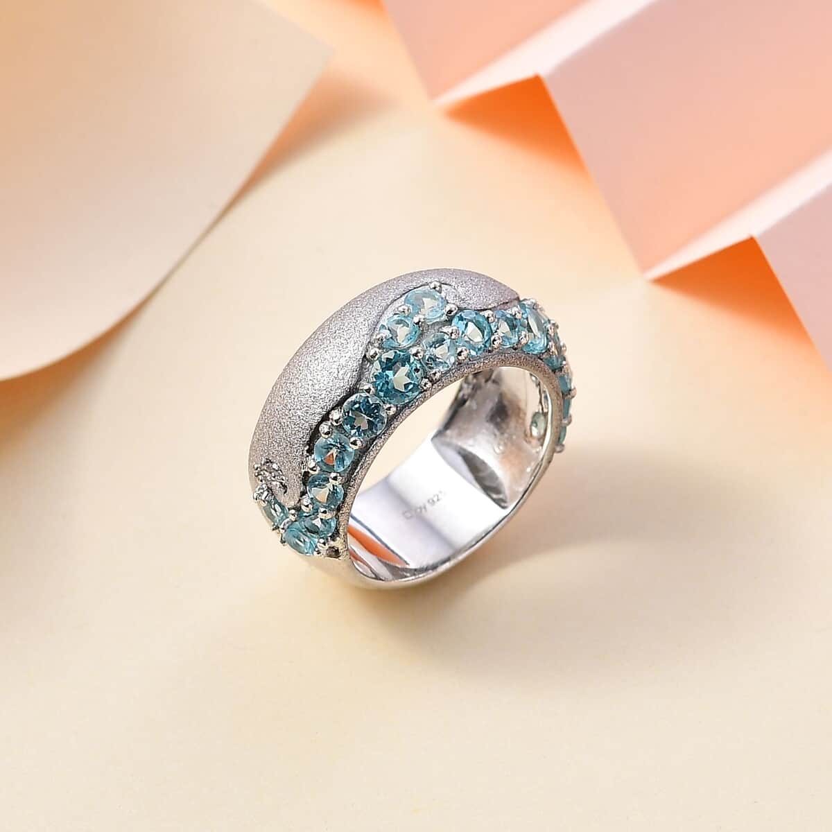 Betroka Blue Apatite and White Zircon Ocean Wave Ring in Rhodium Over Sterling Silver (Size 7.0) 2.30 ctw image number 1
