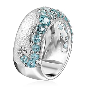Betroka Blue Apatite and White Zircon Ocean Wave Ring in Rhodium Over Sterling Silver (Size 8.0) 2.30 ctw