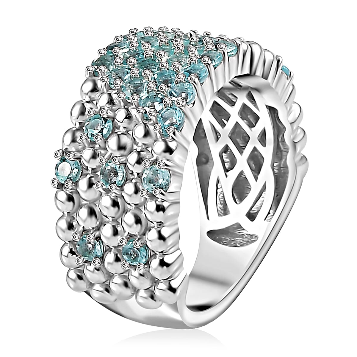 Premium Betroka Blue Apatite Ocean Bubble Ring in Rhodium Over Sterling Silver (Size 8.0) 1.40 ctw image number 3