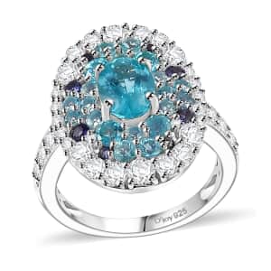 Betroka Blue Apatite and Multi Gemstone Ocean Bubble Ring in Rhodium Over Sterling Silver (Size 10.0) 4.20 ctw