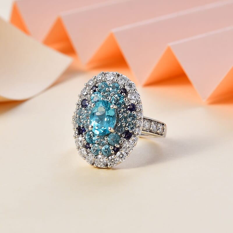 Betroka Blue Apatite and Multi Gemstone Ocean Bubble Ring in Rhodium Over Sterling Silver (Size 10.0) 4.20 ctw