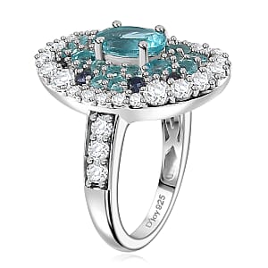 Betroka Blue Apatite and Multi Gemstone Ocean Bubble Ring in Rhodium Over Sterling Silver (Size 10.0) 4.20 ctw