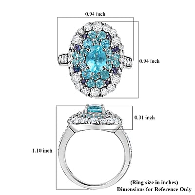 Betroka Blue Apatite and Multi Gemstone Ocean Bubble Ring in Rhodium Over Sterling Silver (Size 10.0) 4.20 ctw