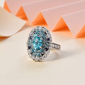 D'Joy Betroka Blue Apatite and Multi Gemstone Ocean Bubble Ring in Rhodium Over Sterling Silver (Size 7.0) 4.20 ctw