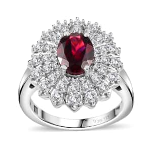 Tanzanian Wine Garnet and Moissanite Sunray Ring in Rhodium Over Sterling Silver (Size 10.0) 2.35 ctw