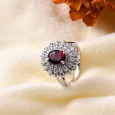 Tanzanian Wine Garnet and Moissanite Sunray Ring in Rhodium Over Sterling Silver (Size 10.0) 2.35 ctw