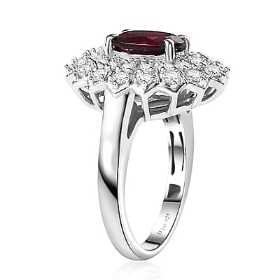 Tanzanian Wine Garnet and Moissanite Sunray Ring in Rhodium Over Sterling Silver (Size 10.0) 2.35 ctw