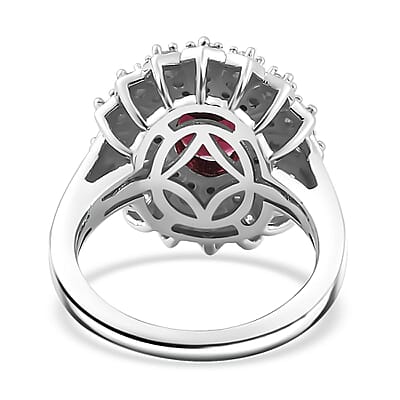 Tanzanian Wine Garnet and Moissanite Sunray Ring in Rhodium Over Sterling Silver (Size 10.0) 2.35 ctw