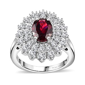 Tanzanian Wine Garnet and Moissanite Sunray Ring in Rhodium Over Sterling Silver (Size 7.0) 2.35 ctw