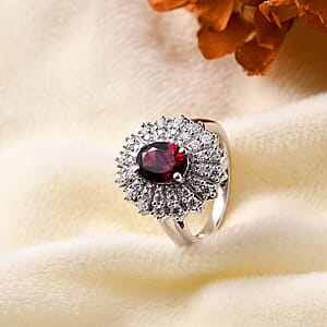 Tanzanian Wine Garnet and Moissanite Sunray Ring in Rhodium Over Sterling Silver (Size 7.0) 2.35 ctw