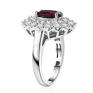 Tanzanian Wine Garnet and Moissanite Sunray Ring in Rhodium Over Sterling Silver (Size 7.0) 2.35 ctw