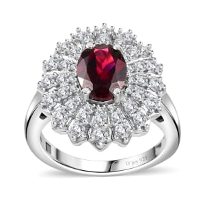 Tanzanian Wine Garnet and Moissanite Sunray Ring in Rhodium Over Sterling Silver (Size 8.0) 2.35 ctw