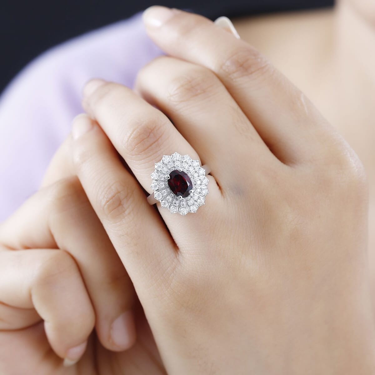 Tanzanian Wine Garnet and Moissanite Sunray Ring in Rhodium Over Sterling Silver (Size 8.0) 2.35 ctw image number 2