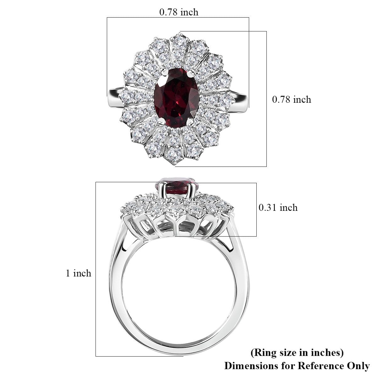 Tanzanian Wine Garnet and Moissanite Sunray Ring in Rhodium Over Sterling Silver (Size 8.0) 2.35 ctw image number 5