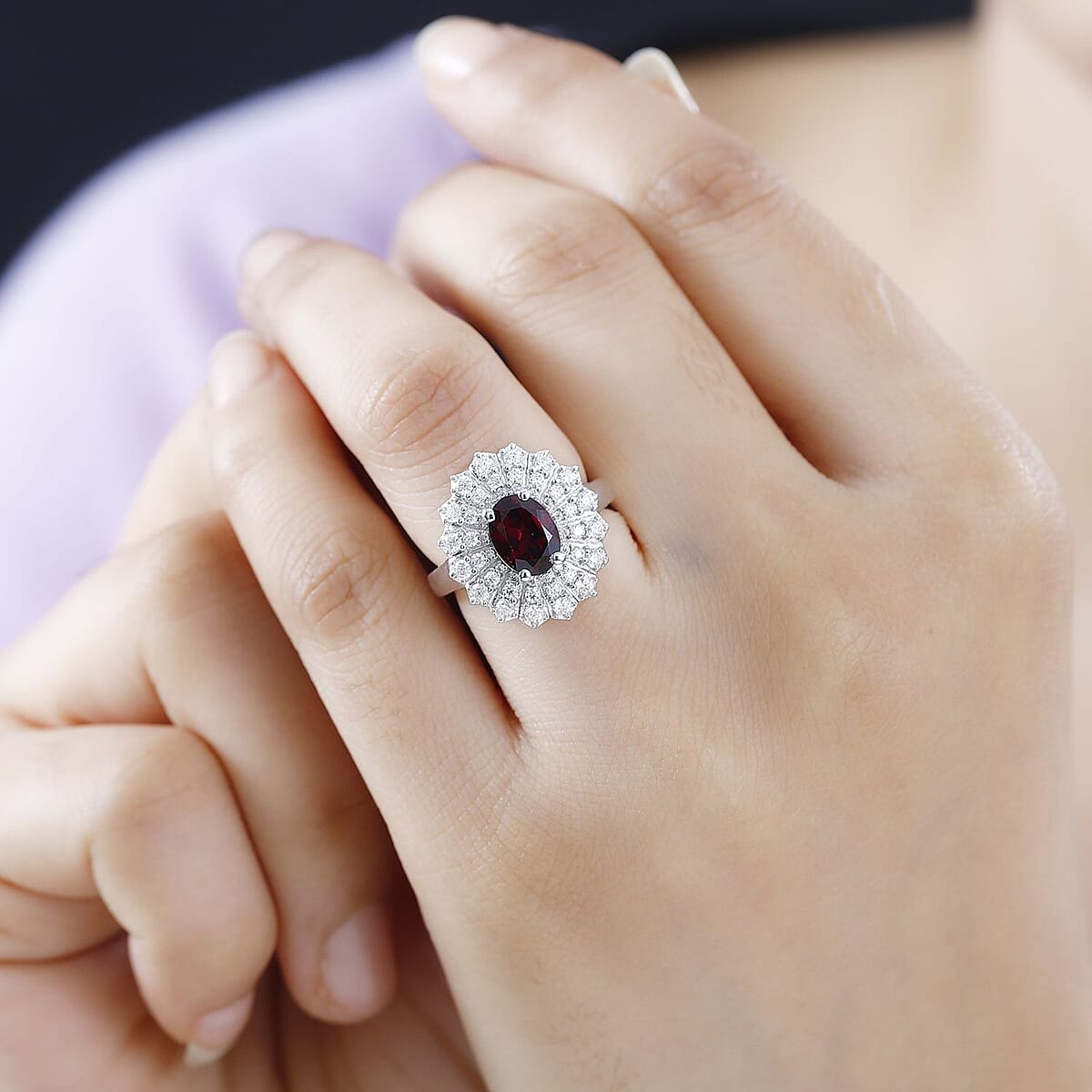 Tanzanian Wine Garnet and Moissanite Sunray Ring in Rhodium Over Sterling Silver (Size 9.0) 2.35 ctw image number 2